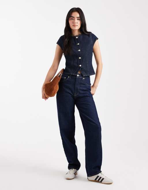 Miss Selfridge cap sleeve denim vest in indigo wash