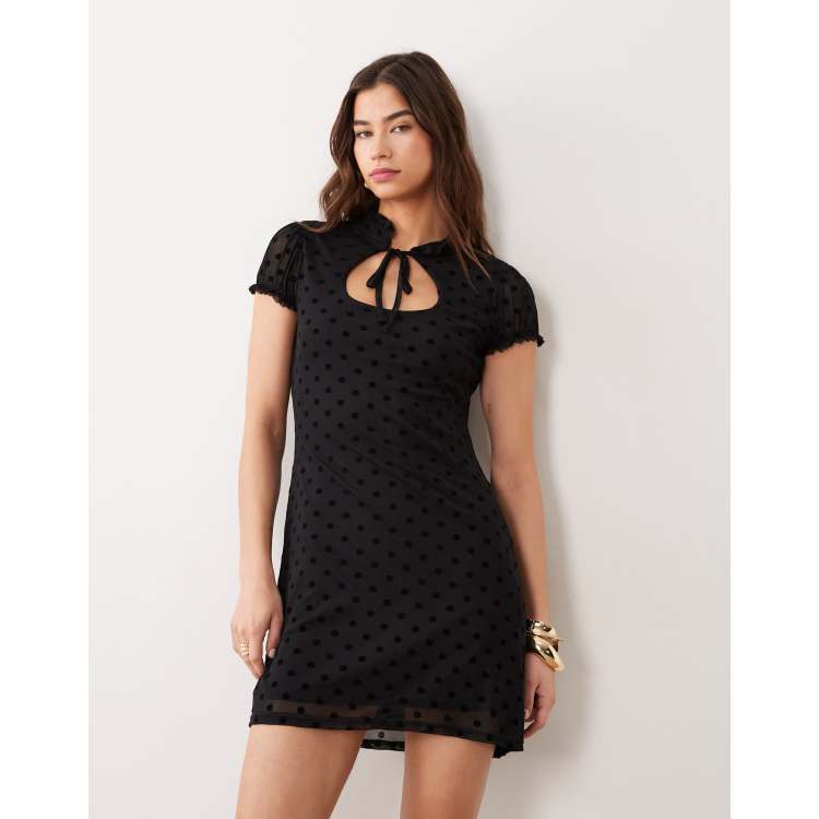 Miss Selfridge cap sleeve keyhole mini dress in mesh polka dot | ASOS