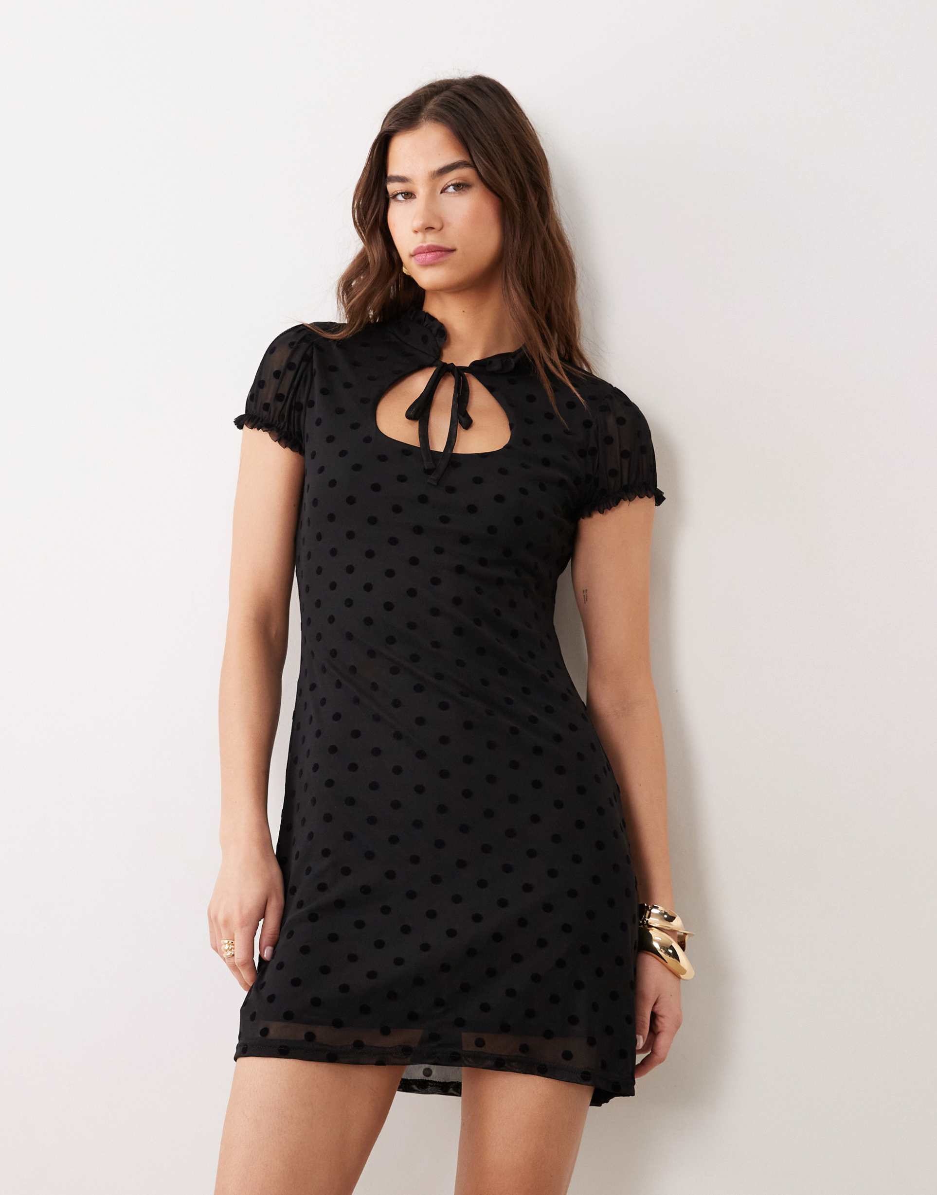 miss selfridge cap sleeve keyhole mini dress in mesh polka dot