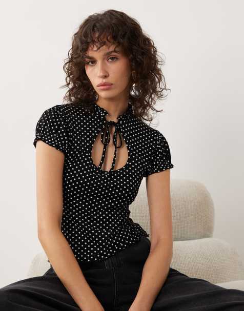 Miss Selfridge cap sleeve keyhole top in black polka dot - view 1