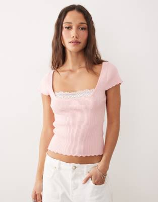 Miss Selfridge cap sleeve ribbed knitted top with lace detail in pink-Yellow
