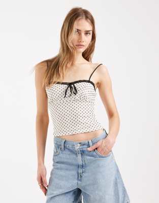 Miss Selfridge - Caraco à pois bordé de dentelle-Blanc