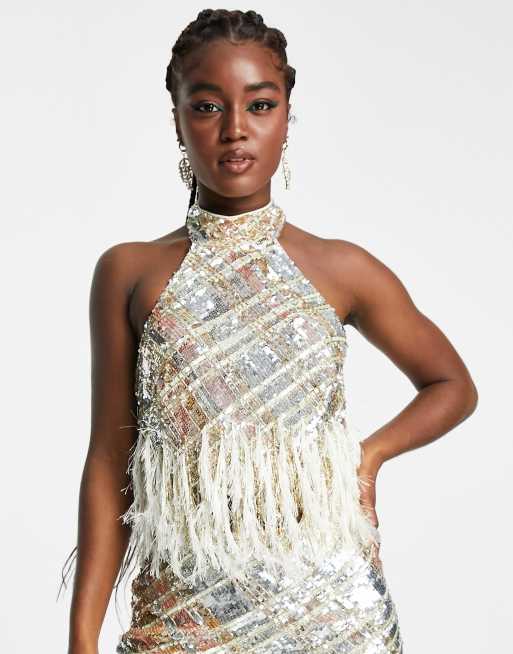 Miss Selfridge - Caraco d'ensemble de festival de qualité supérieure orné de sequins avec bordure en plumes fantaisie - Rose