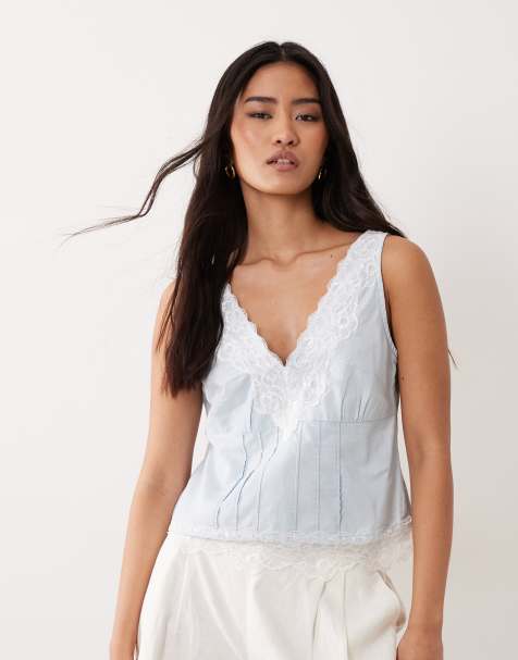 Miss Selfridge - Caraco en chambray et dentelle mélangés - Bleu clair délavé - view 1