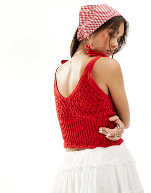 Miss Selfridge - Caraco en crochet avec liens aux épaules - Rouge, 3 de 4