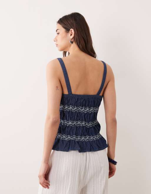 Miss Selfridge - Caraco froncé à broderies - Bleu délavé, 4 de 4