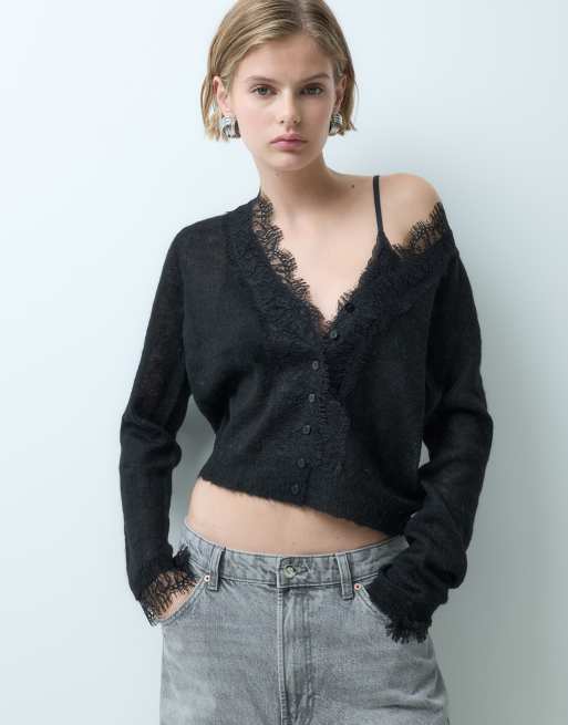 Miss Selfridge cardigan a maglia fine con bordo in pizzo nero, 4 di 5