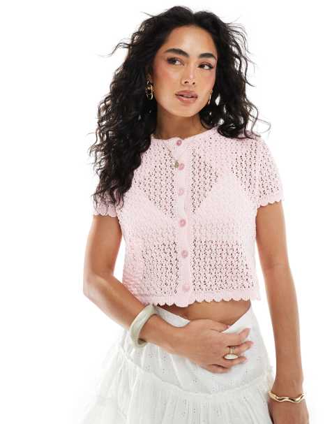 Miss Selfridge - Cardigan a maniche corte in maglia traforata rosa - view 1