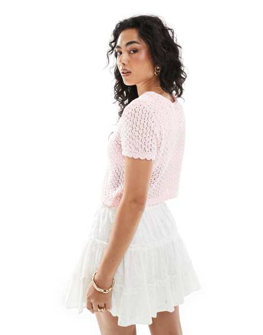 Miss Selfridge - Cardigan a maniche corte in maglia traforata rosa, 3 di 4