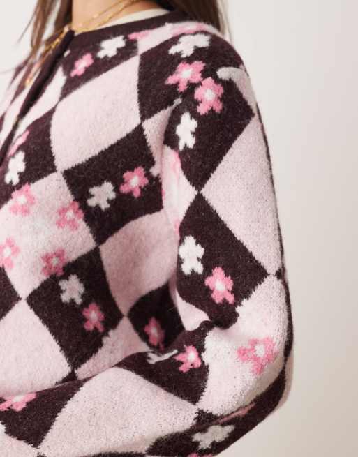 Miss Selfridge - Cardigan a rombi monocromatico con fiori, 3 di 4