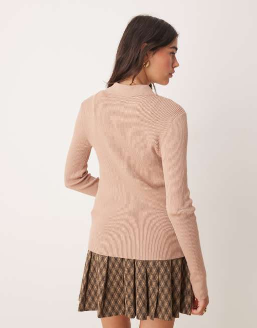 Miss Selfridge - Cardigan aderente in maglia a coste color cammello, 4 di 4