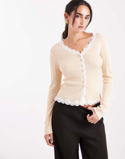 Miss Selfridge - Cardigan beige con finiture in pizzo - view 1
