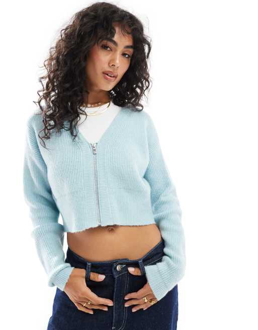 Miss Selfridge - Cardigan blu pallido taglio corto con zip sul davanti
