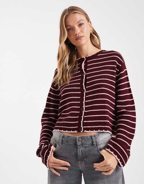 Miss Selfridge - Cardigan bordeaux a righe con impunture - view 1