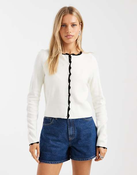Miss Selfridge - Cardigan color crema con bordi smerlati neri - view 1