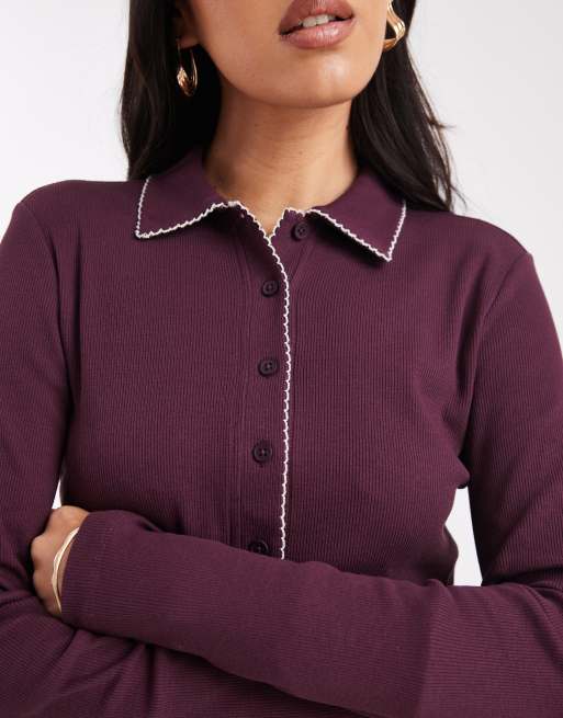 Miss Selfridge - Cardigan con bottoni color prugna a coste con impunture, 3 di 4
