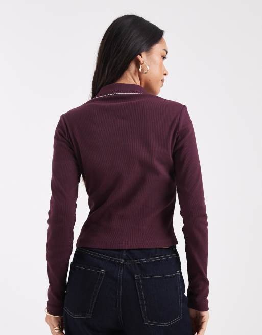 Miss Selfridge - Cardigan con bottoni color prugna a coste con impunture, 4 di 4
