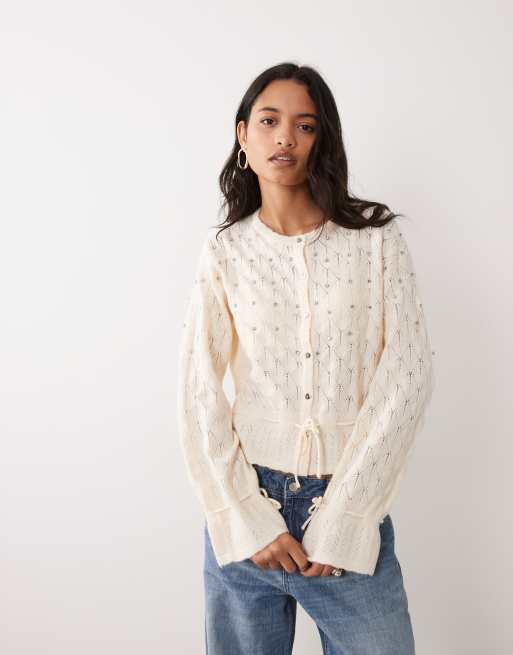 Miss Selfridge cardigan con chiusura a nodo e decorazioni color crema, 1 di 4