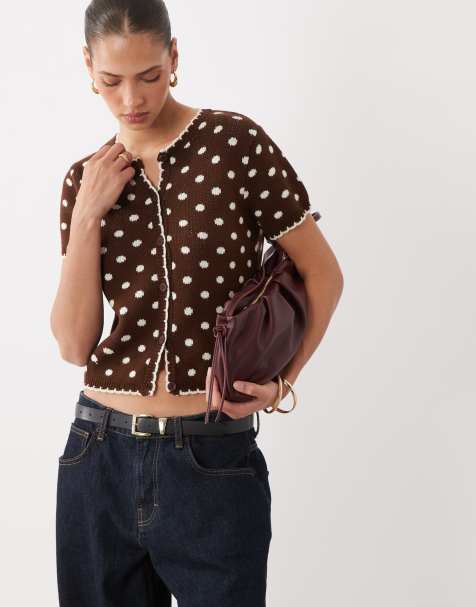 Miss Selfridge cardigan coordinato a maniche corte con punto coperta a pois color cioccolato - view 1