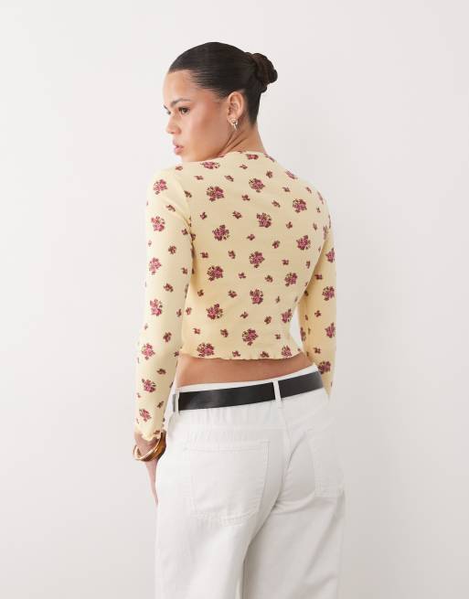Miss Selfridge - Cardigan corto giallo a fiorellini con fiocco, 4 di 4