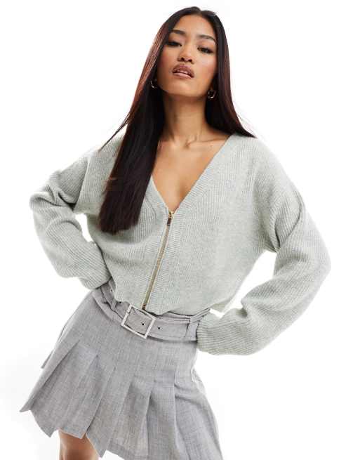 Miss Selfridge - Cardigan corto grigio chiaro mélange con zip