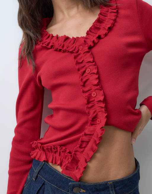 Miss Selfridge cárdigan de canalé con detalle de volantes y botones, 3 de 5