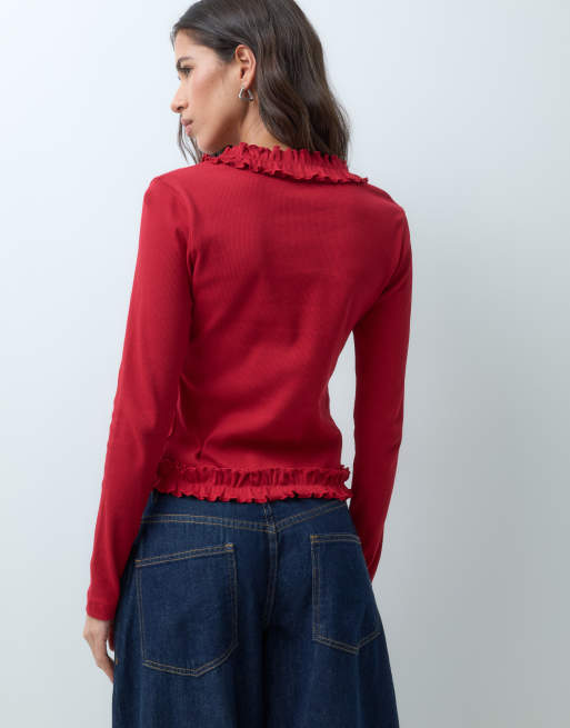 Miss Selfridge cárdigan de canalé con detalle de volantes y botones, 4 de 5
