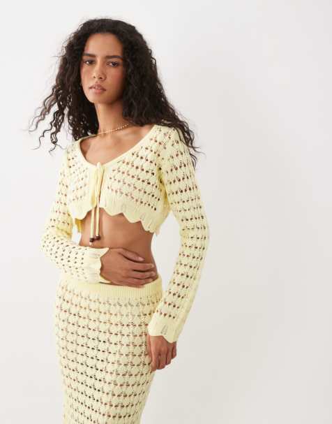 Miss Selfridge - cárdigan de manga larga de croché con cierre de lazo delantero en amarillo mantequilla, conjunto - view 1