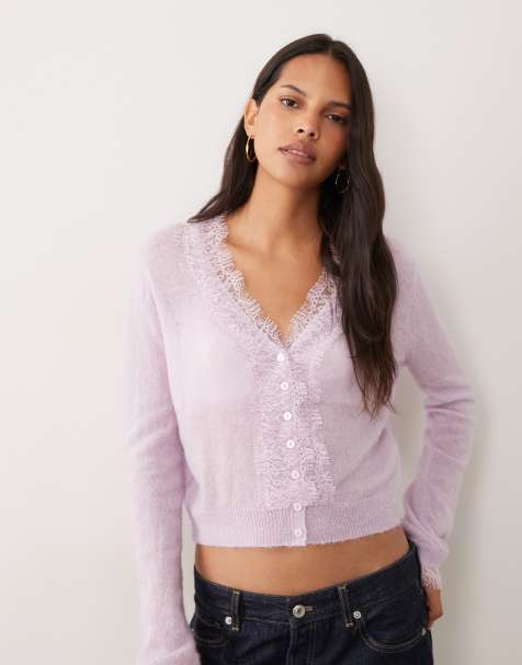Miss Selfridge - cárdigan de punto fino con ribete de encaje en lila - view 1