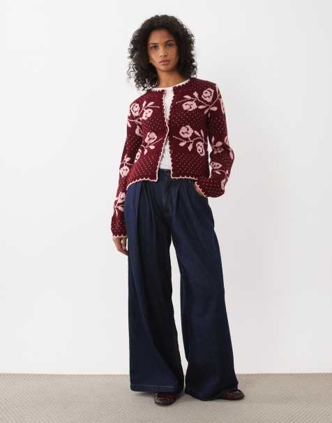 Miss Selfridge cardigan en maille à point de couverture avec fleurs et pois, bordeaux - view 1