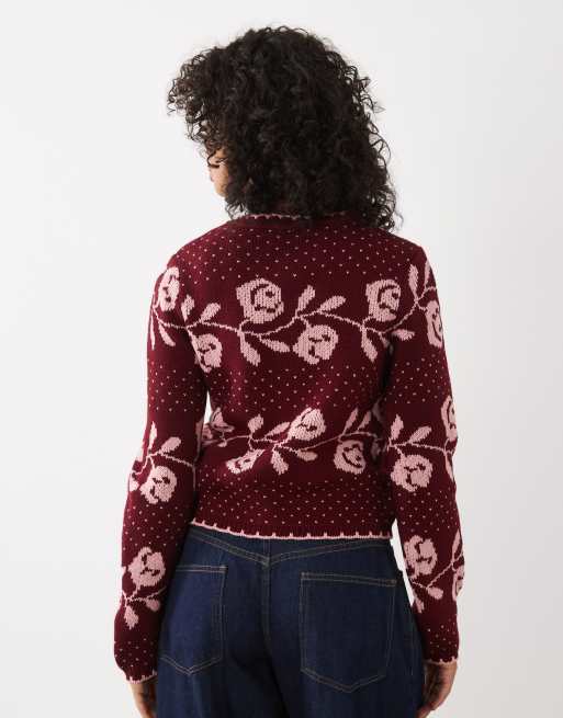 Miss Selfridge cardigan en maille à point de couverture avec fleurs et pois, bordeaux, 3 de 4