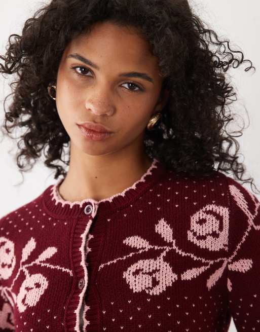 Miss Selfridge cardigan en maille à point de couverture avec fleurs et pois, bordeaux, 4 de 4