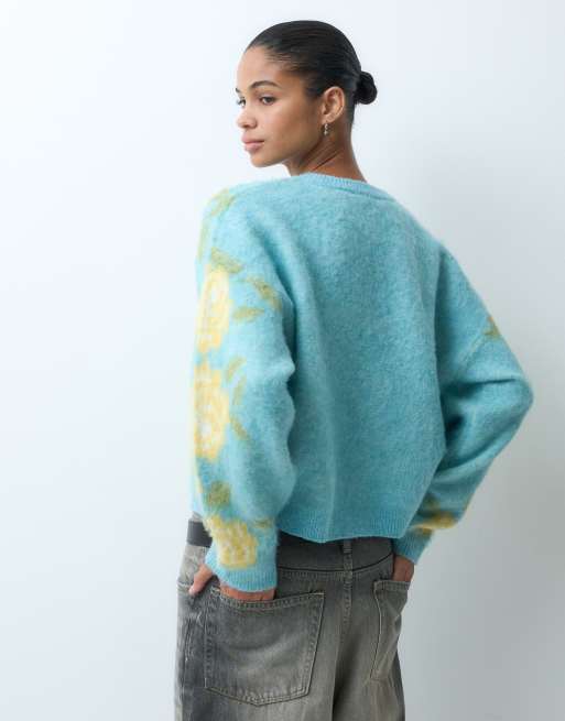 Miss Selfridge cardigan en maille grattée à fleurs col rond en turquoise, 4 de 4