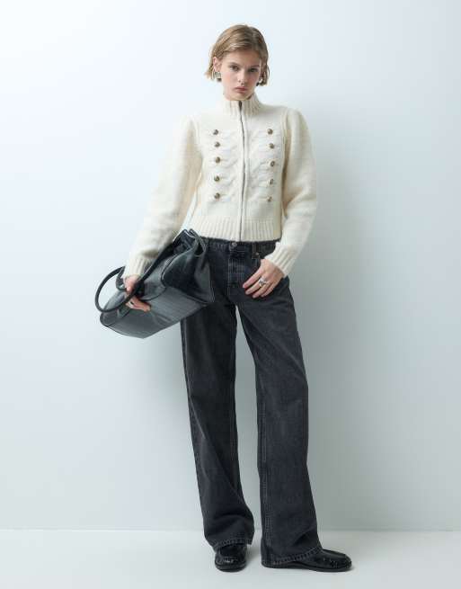 Miss Selfridge cardigan en maille zippé avec détail utilitaire, crème, 2 de 5