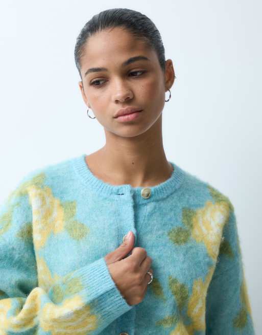 Miss Selfridge cardigan floreale effetto spazzolato girocollo turchese, 2 di 4