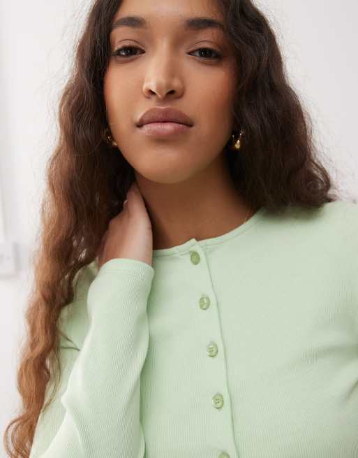Miss Selfridge - Cardigan girocollo a coste con bottoni verde matcha, 3 di 4