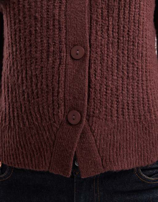 Miss Selfridge - Cardigan girocollo a coste larghe color cioccolato, 4 di 4