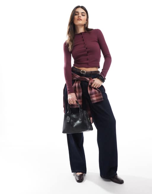 Miss Selfridge - Cardigan girocollo bordeaux a coste con bottoni