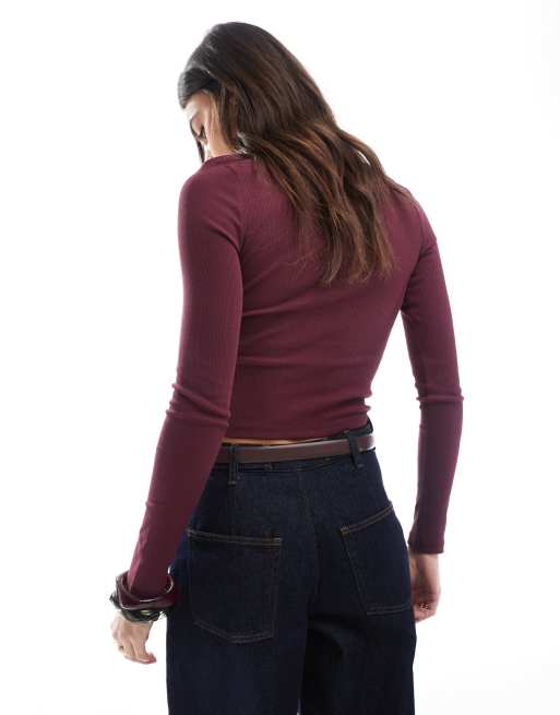 Miss Selfridge - Cardigan girocollo bordeaux a coste con bottoni