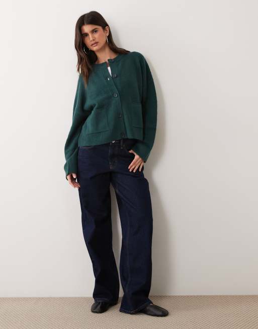 Miss Selfridge cardigan girocollo con tasca in verde bosco, 3 di 4