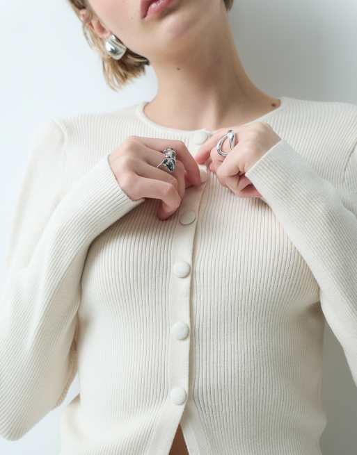 Miss Selfridge cardigan i tætstrik med indsnøret talje i creme, 3 af 5