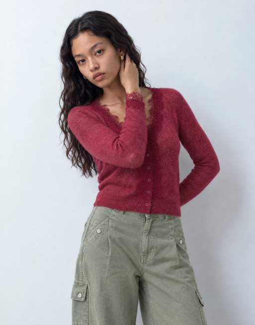 Miss Selfridge cardigan in lana e mohair con bordi in pizzo, finezza fine, bacca, 8 di 10