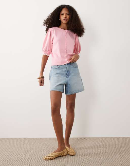 Miss Selfridge - Cardigan in maglia a maniche corte a palloncino rosa, 2 di 4