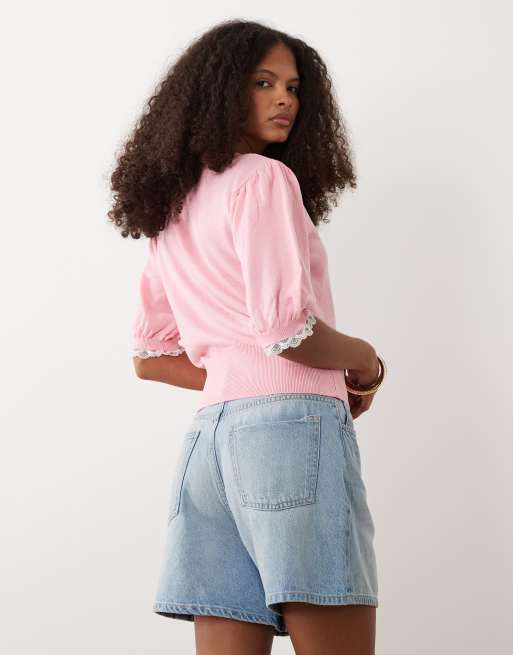 Miss Selfridge - Cardigan in maglia a maniche corte a palloncino rosa, 4 di 4