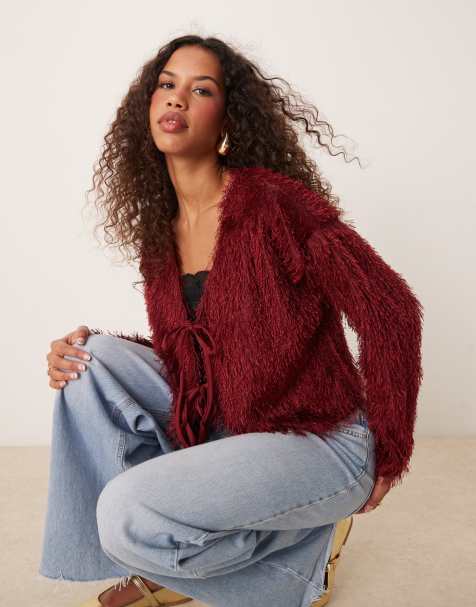 Miss Selfridge - Cardigan in maglia bordeaux spazzolato con doppia allacciatura sul davanti - view 1