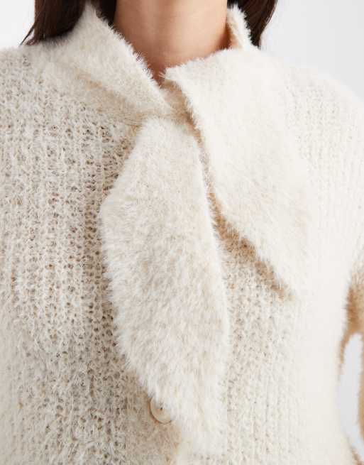 Miss Selfridge - Cardigan in maglia color crema con fiocco, 3 di 4