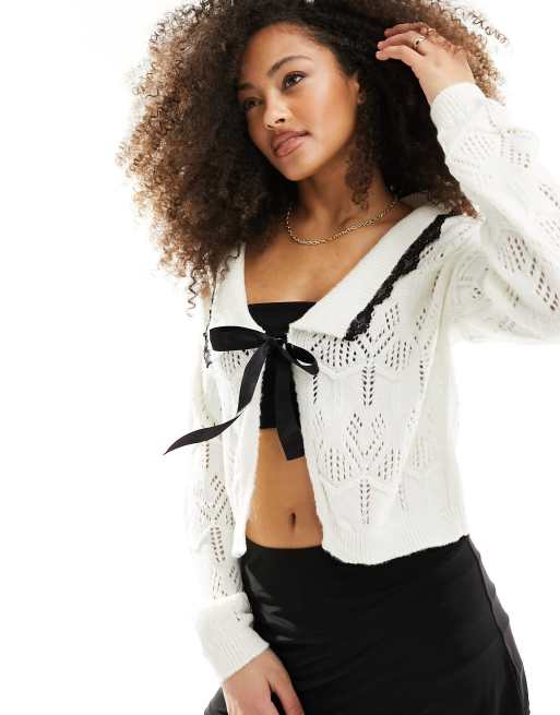 Miss Selfridge - Cardigan in maglia con colletto con bordi in pizzo