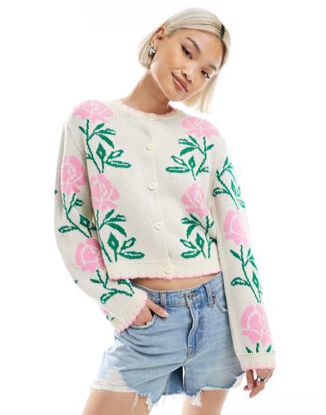 Miss Selfridge - Cardigan in maglia crema con fiori rosa e cuciture - view 1