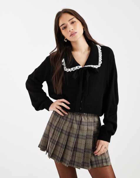 Miss Selfridge - Cardigan in maglia nero con colletto in pizzo e fiocco - view 1