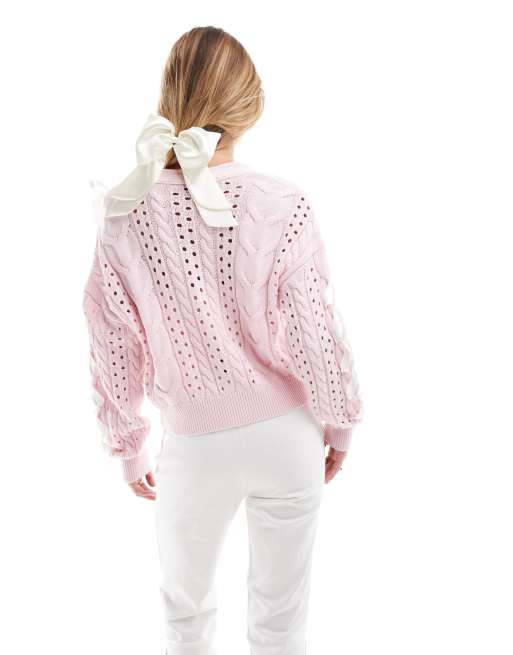 Miss Selfridge - Cardigan in maglia rosa tenue con fiocchi in raso, 4 di 4